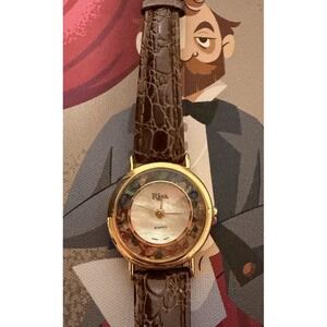 Vintage Women's Risa quartz Watch Gold  Leather Band Needs Battery READ